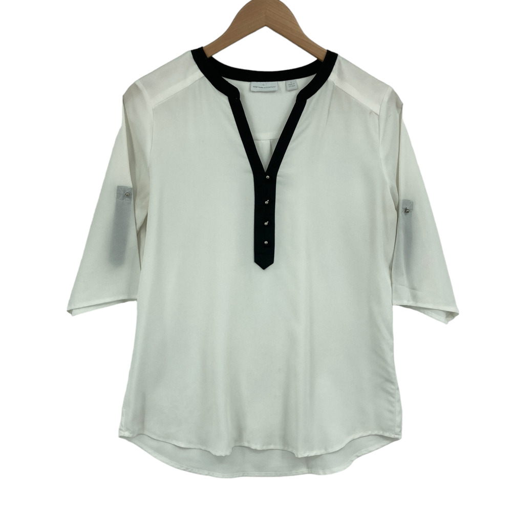 New York & Company Blouse Top Women Small White Chiffon 3/4 Sleeve V Neck Button